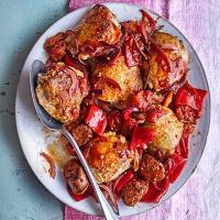 Hot chicken with sausages, tomatoes & peppers image