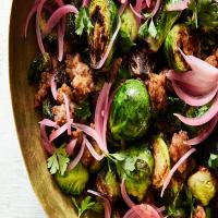 Sautéed Brussels Sprouts With Sausage and Pickled Red Onion_image