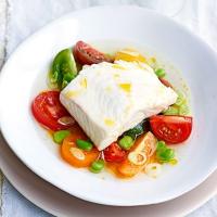 Poached halibut with heritage tomatoes image