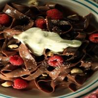 Chocolate Pasta with Chocolate Hazelnut Cream Sauce, White Chocolate Shavings and Fresh Berries_image