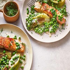 Pan-fried salmon with braised Little Gem image