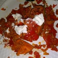 Baked Sweet Potato with Onions and Red Peppers image