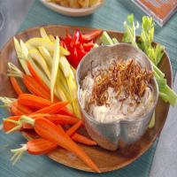 Caramelized Onion and Bacon Dip with Potato Chips and Crudite_image