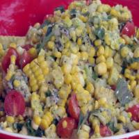 Grilled Corn and Tomato-Sweet Onion Salad with Fresh Basil Dressing and Crumbled Blue Cheese image