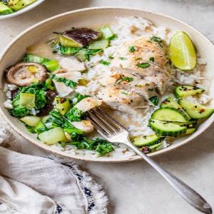 Coconut-Poached Chicken with Bok Choy and Mushrooms_image