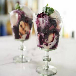 Grilled Biscuit Sundae with Peaches and Blueberries image