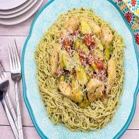 Chicken With Zucchini and Pesto Over Angel Hair Pasta image
