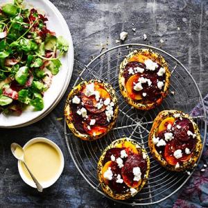 Spiced beetroot & feta tarts with tahini-dressed leaves image