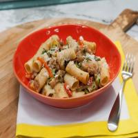 Rigatoni with Spicy Chicken Sausage, Asparagus, Eggplant, and Roasted Peppers image