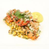 Grilled Street Corn Salad with Cilantro Butter Shrimp, Pico de Gallo and Avocado Purée_image