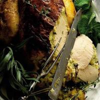 Roast chicken with leek, tarragon & goat's cheese stuffing_image