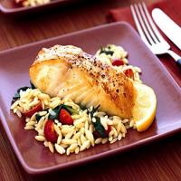 Baked Halibut with Orzo, Spinach, and Cherry Tomatoes image