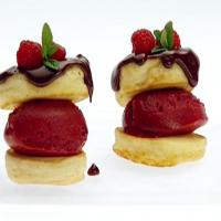 Mini Pancakes with Raspberry Sorbet and Chocolate Sauce image