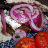 Grilled Lamb Burgers W/ Marinated Red Onions, Dill & Sliced image
