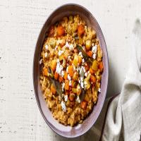 Baked Farro Risotto with Golden Vegetables and Goat Cheese image