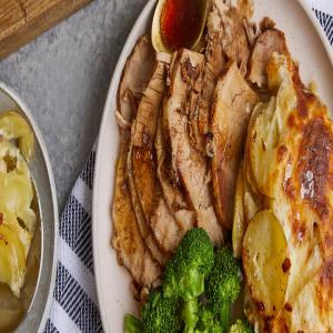 Slow Cooker Balsamic Pork Roast With Scalloped Potatoes and Easy Steamed Broccoli image