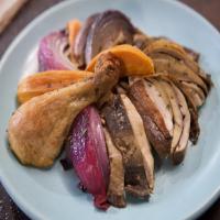 Marinated Portobello Stuffed Whole Chicken with Roasted Sweet Potatoes and Red Onion_image