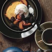 Orange Polenta Cake with Vanilla-Scented Plums and Blackberries and Buttermilk Ice Cream image