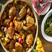Lemon-Scented Crispy Chicken Thighs with Potatoes and Baby Carrots image
