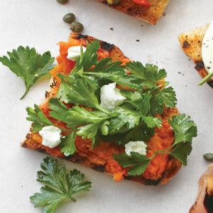 Charred Carrot Bruschetta with Goat Cheese and Parsley image