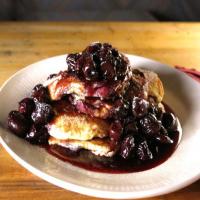 Cream Cheese Pancakes with Cherries Jubilee Syrup_image