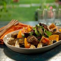 Grilled Lamb Sausage with Goat Cheese, Heirloom Tomatoes, Olives and Herbs_image