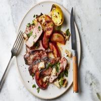 Grilled Pork Chops with Plums, Halloumi, and Lemon image