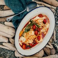 Halibut with Spicy Sausage, Tomatoes, and Rosemary image