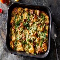 Savory Bread Pudding With Artichokes, Cheddar and Scallions image