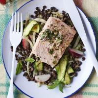 Poached salmon with courgette & lentil salad & lemon relish_image