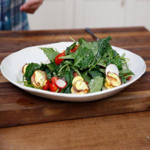 Baby Greens Salad with Ham Quiche Croutons and Maple-Cider Vinaigrette image
