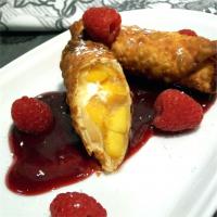 Quick and Easy Peach Pie Egg Rolls with Raspberry Sauce_image