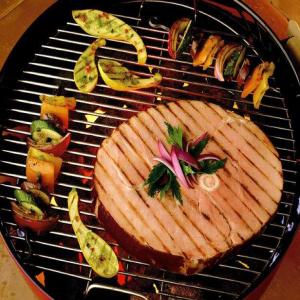 Grilled Ham Steak Kabobs with Peach Slaw_image