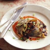 Scallion Wild Rice Crepes with Mushroom Filling and Red Pepper Sauce_image