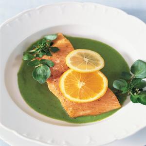 Citrus Roasted Salmon with Spring-Pea Sauce image