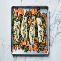 Roasted Sea Bass with Sweet Potatoes, Spinach, and Salsa Rustica image