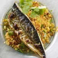Grilled mackerel with harissa & coriander couscous image