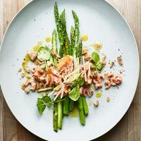 Charred asparagus, smoked salmon, shrimp & rye crumb image