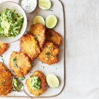 Chipotle, corn & prawn fritters with avocado purée_image