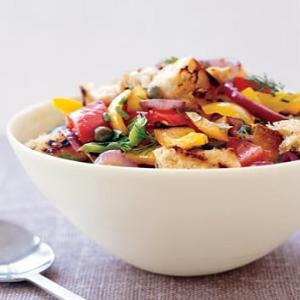 Grilled Panzanella Salad with Bell Peppers, Summer Squash, and Tomatoes Recipe | Epicurious.com_image