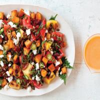 Grilled Watermelon Salad With Lime Mango Dressing and Cornbread Croutons image
