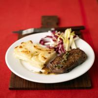 Steak with Wine Sauce and Potato Gratin image
