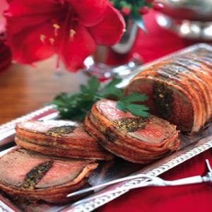 Bacon-Wrapped Beef Tenderloin with Herb Stuffing Recipe | Epicurious.com_image