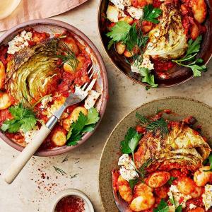 Roasted cabbage with harissa butter beans & baked feta image