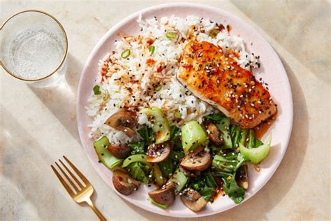 seared-salmon-spicy-sesame-sauce-with-bok-choy image