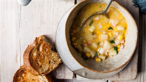potato-corn-and-bacon-chowder-recipe-good-food image
