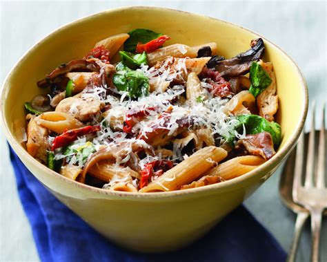 whole-grain-penne-with-chicken-mushrooms-and-spinach image