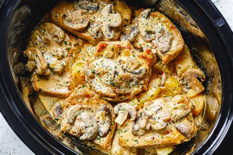 crockpot-creamy-garlic-pork-chops-with-mushrooms image