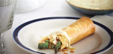 asparagus-ham-phyllo-rolls-with-blue-cheese-sauce image