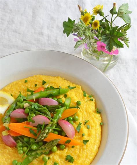 dinner-party-recipe-polenta-with-spring-vegetable-ragout image